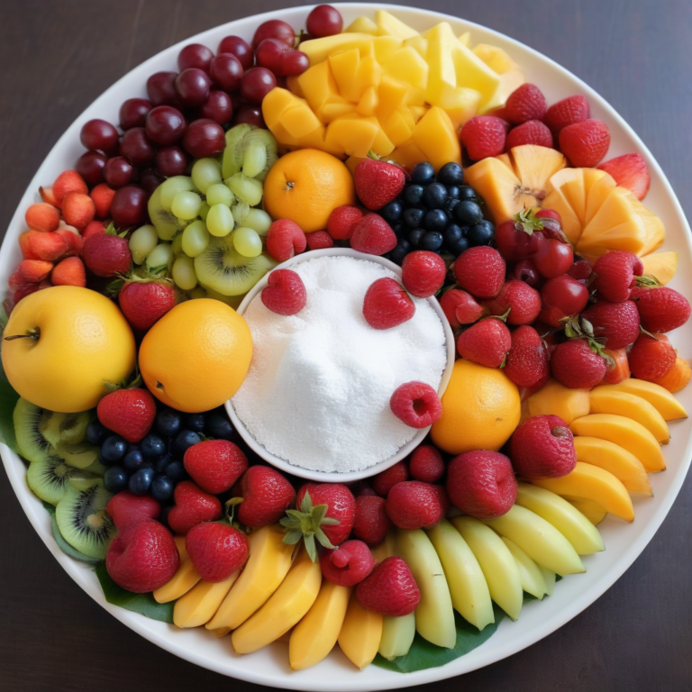 Ein Obstteller mit Zucker in der Mitte - Fruchtzucker oder Industriezucker, was ist gesünder?