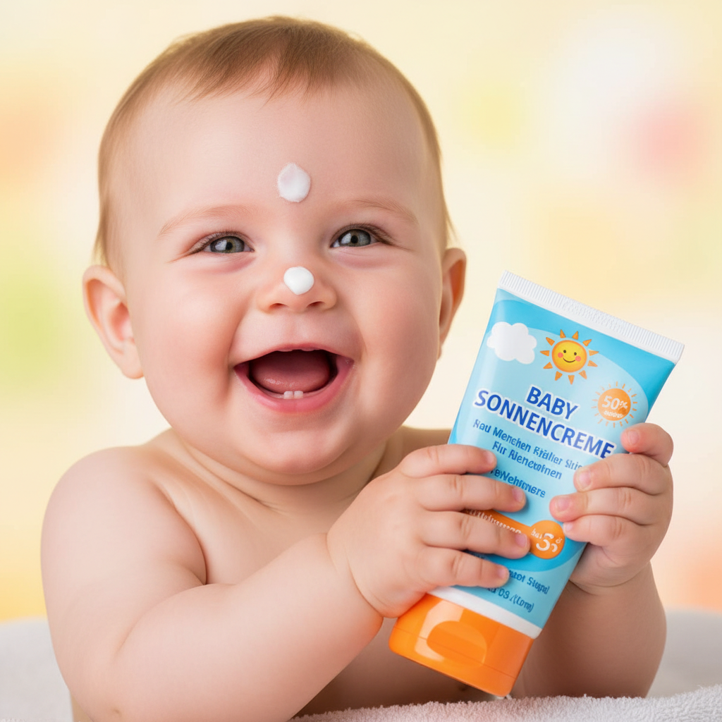Ein lachendes Baby mit einer Tube Sonnencreme für Babys