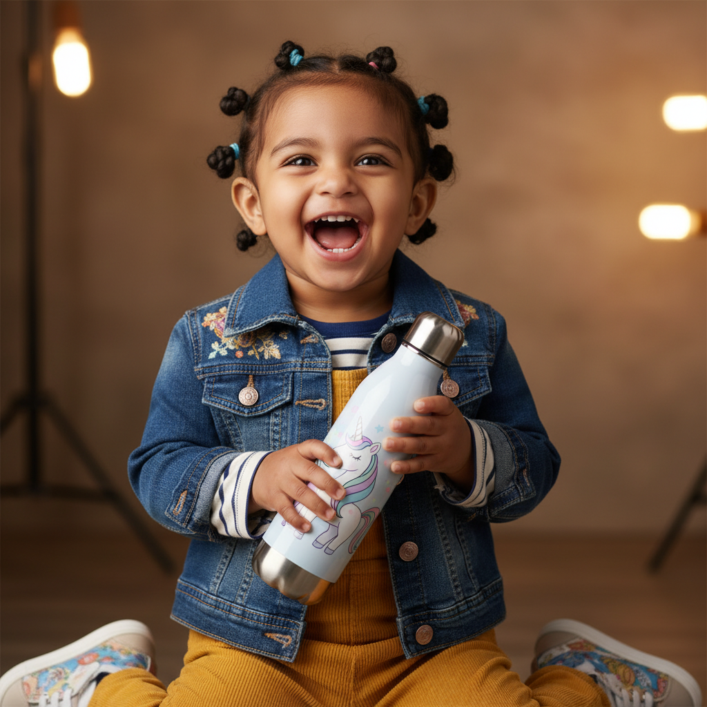Kleinkind hält eine Edelstahl-Trinkflasche für Kinder in der Hand
