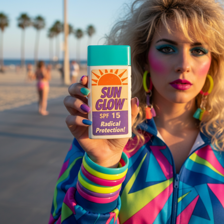 Eine Sonnencreme aus den 80er Jahren, gehalten von einer Frau aus den 80er Jahren